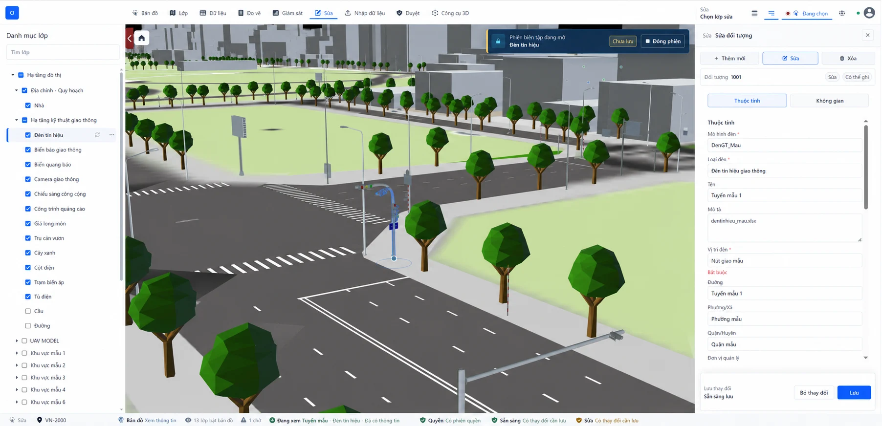 Giao diện WebGIS 3D: tài sản được chọn trên bản đồ và bảng thuộc tính bên cạnh.